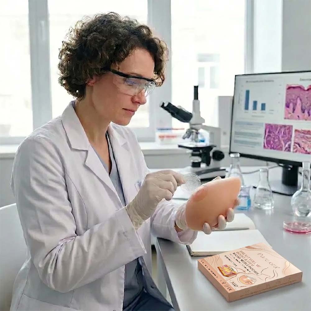 Purelora patch being examined in a skincare laboratory setting