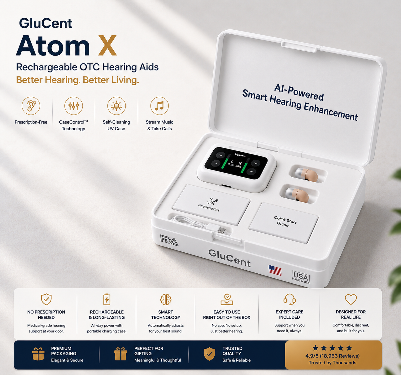 GluCent Atom X hearing aids and charging system